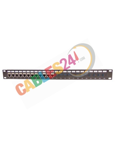 19'' Hybrid Panel 24 Feed-Through, RJ45 shielded CAT6A and fiber optic adapters with support bar