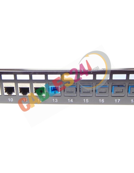 19'' Hybrid Panel 24 Feed-Through, RJ45 shielded CAT6A and fiber optic adapters with support bar