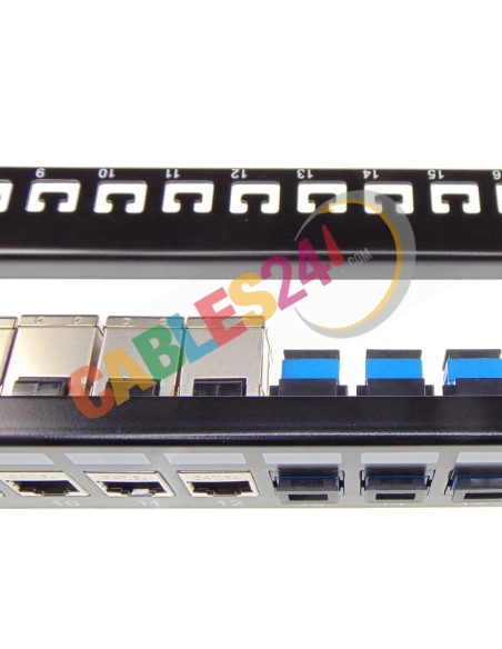 19'' Hybrid Panel 24 Feed-Through, RJ45 shielded CAT6A and fiber optic adapters with support bar