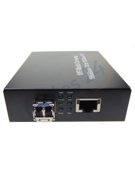 Conversor de medio 10Gb SFP+ para FO monomodo 10 kilómetros. Detalle del frontal.