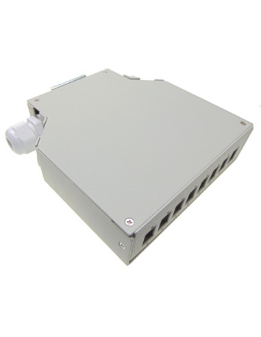 Caja F.O. para carril DIN 8 adaptadores LC Dúplex / SC Simplex. Vista lateral.