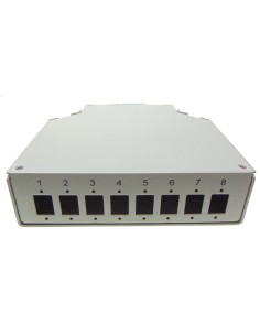 Caja F.O. para carril DIN 8 adaptadores LC Dúplex / SC Simplex. Vista frontal.