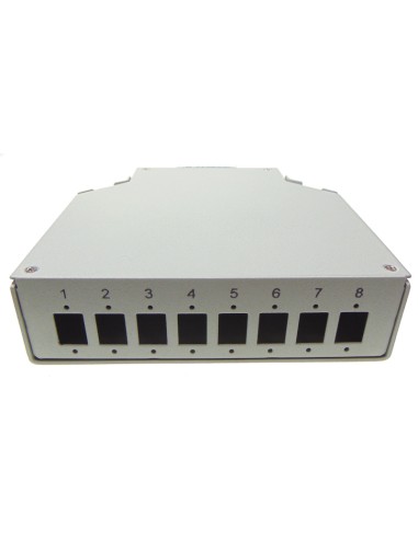 DIN Rail ODF box for up to 8 x SC Simplex / 8 x LC Duplex adapters. Front view.