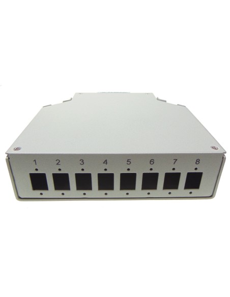 DIN Rail ODF box for up to 8 x SC Simplex / 8 x LC Duplex adapters. Front view.