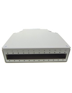 DIN Rail ODF box for up to 12 x SC Simplex / 12 x LC Duplex adapters. Front view.